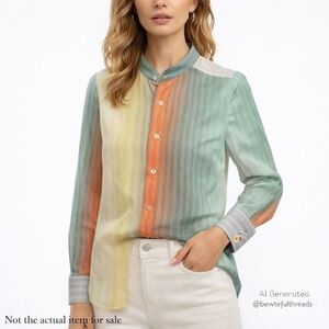 Bugatchi Uomo Medium Stripe Shirt Floral Cuff Grandfather Collar office